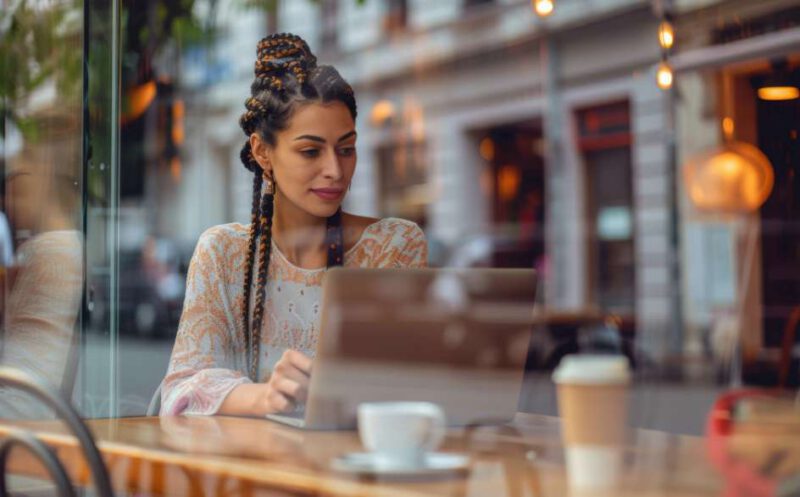 Woman sitting in a coffee shop working on a laptop