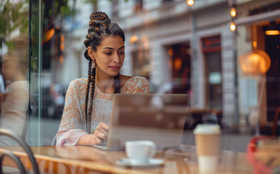 Woman sitting in a coffee shop working on a laptop